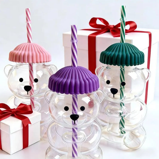 Viral Bearista Cold Cup for 2026 Holiday Collection Nostalgia Cute Bear Cup With Striped Straw 20oz High-Quality Glass Tumbler for Smoothies Boba & Beverage Iced Coffee Glass Gifts colorful glass cup practical gift