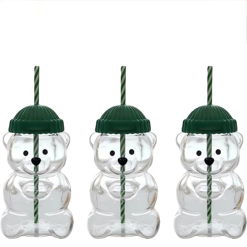 Viral Bearista Cold Cup for 2026 Holiday Collection Nostalgia Cute Bear Cup With Striped Straw 20oz High-Quality Glass Tumbler for Smoothies Boba & Beverage Iced Coffee Glass Gifts colorful glass cup practical gift