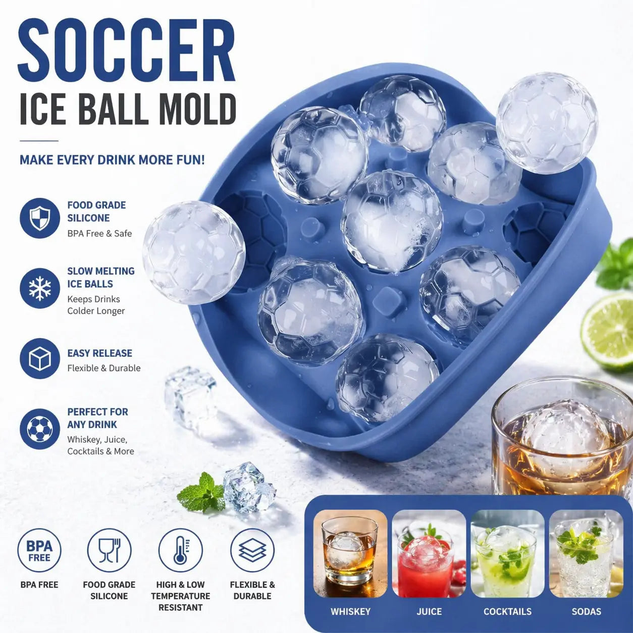 Soccer Ball Ice Cube Tray – Food-Grade Silicone, BPA-Free, Slow-Melting Ice Balls for Whiskey, Cocktails, Juice & Drinks