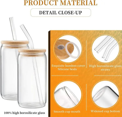 Glass Cup with Lid & Straw & Brush Set, 1/2/4/6/8pcs 16oz Party Clear Glass Cup Set,Housewarming Birthday Gift Ideas, Suitable for Coffee, Juice, Milk Tea, Beer Cocktail Whiskey, Kitchen Household Drinking Utensils Tumblers Drinkware Bottles