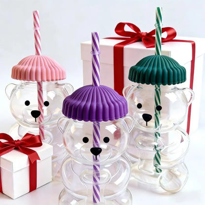 Viral Bearista Cold Cup for 2026 Holiday Collection Nostalgia Cute Bear Cup With Striped Straw 20oz High-Quality Glass Tumbler for Smoothies Boba & Beverage  Iced Coffee Glass Gifts colorful glass cup practical gift