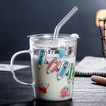 Tradeysum 350ML Glass Cup with Handle, Lid and Straw for Kids, Cute Cartoon Pattern Milk Juice Mug, Heat Resistant Borosilicate Glass Water Bottle, Portable Drinking Cup for School Home Office, Gift for Boys Girls
