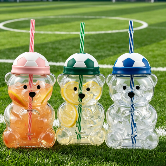Brand Cute Bear Soccer Kids Straw Cup, 20oz BPA Free Tritan Toddler Sippy Tumbler with Football Lid, Spill Resistant Cartoon Bear Water Bottle for Boys Girls Daily Breakfast School Outdoor Sports, Green & Pink 2 Colors Available
