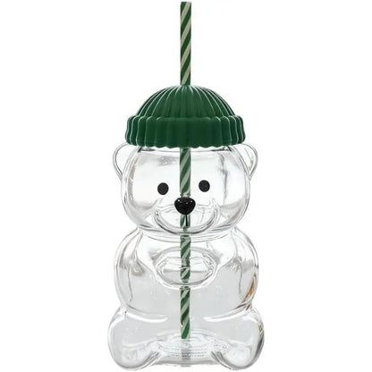 Viral Bearista Cold Cup for 2026 Holiday Collection Nostalgia Cute Bear Cup With Striped Straw 20oz High-Quality Glass Tumbler for Smoothies Boba & Beverage  Iced Coffee Glass Gifts colorful glass cup practical gift