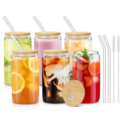 Glass Cup with Lid & Straw & Brush Set, 1/2/4/6/8pcs 16oz Party Clear Glass Cup Set,Housewarming Birthday Gift Ideas, Suitable for Coffee, Juice, Milk Tea, Beer Cocktail Whiskey, Kitchen Household Drinking Utensils Tumblers Drinkware Bottles