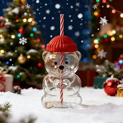 Viral Bearista Cold Cup for 2026 Holiday Collection Nostalgia Cute Bear Cup With Striped Straw 20oz High-Quality Glass Tumbler for Smoothies Boba & Beverage  Iced Coffee Glass Gifts colorful glass cup practical gift