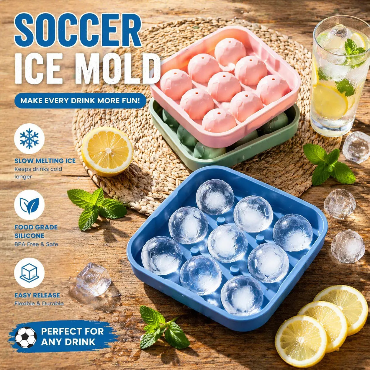 Soccer Ball Ice Cube Tray – Food-Grade Silicone, BPA-Free, Slow-Melting Ice Balls for Whiskey, Cocktails, Juice & Drinks