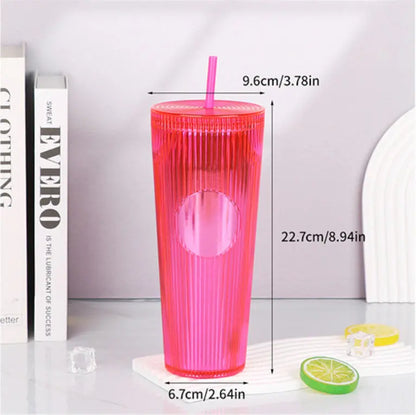 Tradeysum 700ml/24oz Plastic Tumbler with Lid and Straw, Double Wall Insulated Reusable Iced Coffee Cup, Ribbed Texture Cold Drink Mug with DIY Logo Area, BPA-Free High Capacity Water Bottle for Parties Gifts
