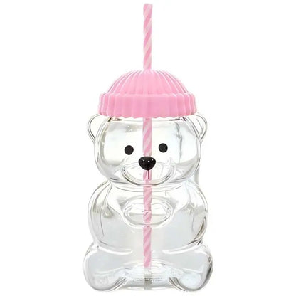 Viral Bearista Cold Cup for 2026 Holiday Collection Nostalgia Cute Bear Cup With Striped Straw 20oz High-Quality Glass Tumbler for Smoothies Boba & Beverage  Iced Coffee Glass Gifts colorful glass cup practical gift
