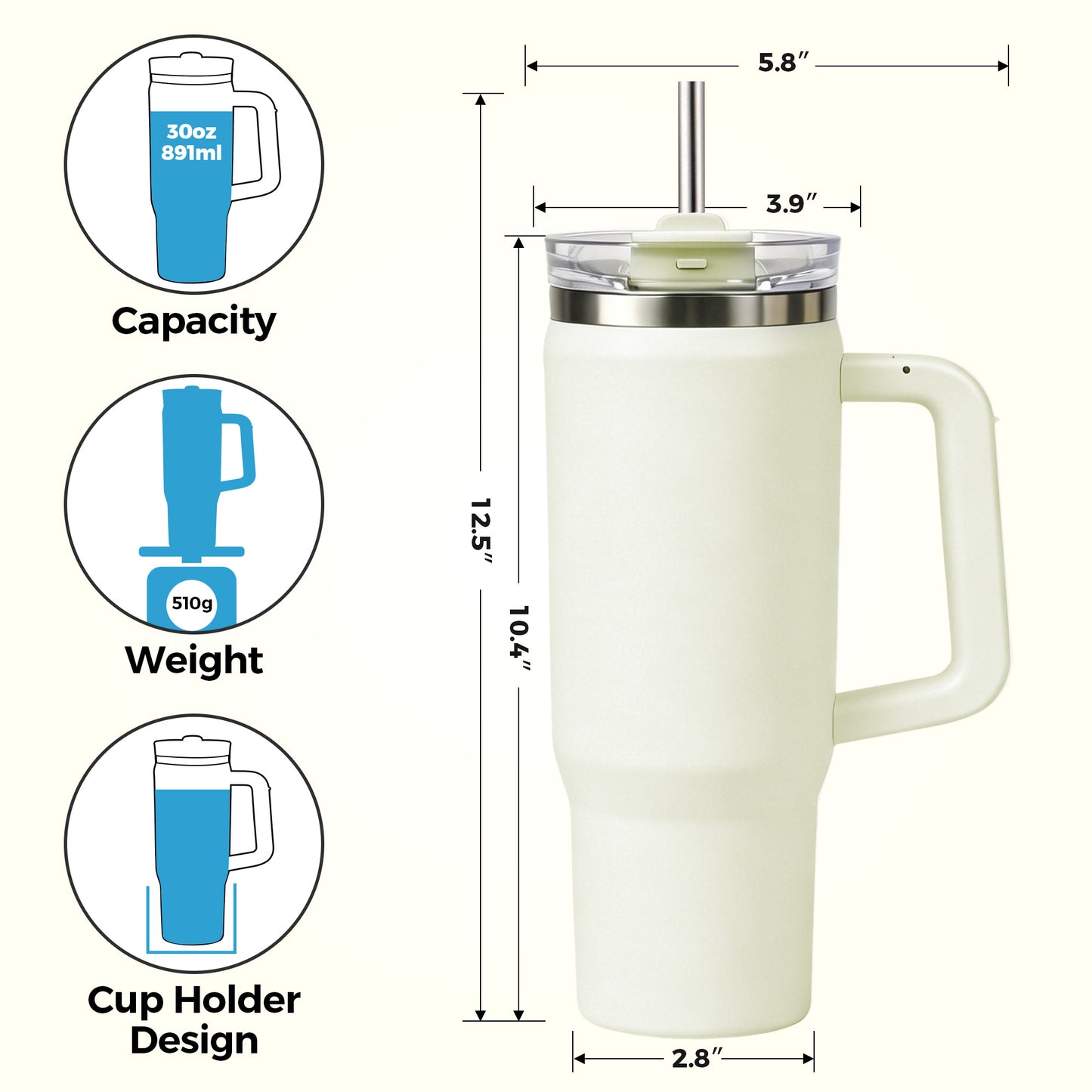 Tradeysum 30 oz Tumbler with Handle and Hidden Straw, Vacuum Insulated Stainless Steel Water Bottle with 2-in-1 Lid, Leak-Proof Reusable Iced Coffee Mug, Car Cup Holder Friendly for Gym, Travel & Office