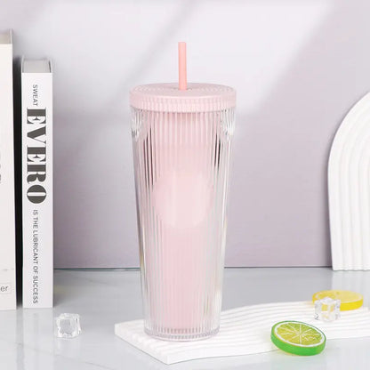 Tradeysum 700ml/24oz Plastic Tumbler with Lid and Straw, Double Wall Insulated Reusable Iced Coffee Cup, Ribbed Texture Cold Drink Mug with DIY Logo Area, BPA-Free High Capacity Water Bottle for Parties Gifts
