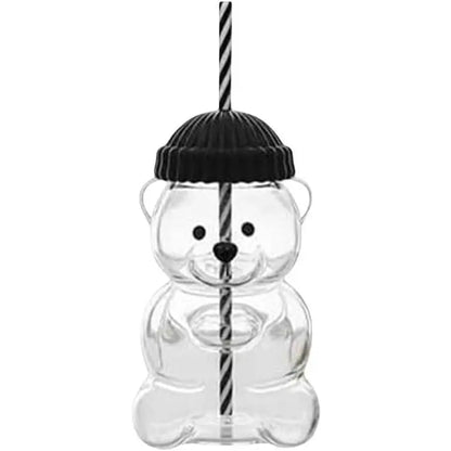 Viral Bearista Cold Cup for 2026 Holiday Collection Nostalgia Cute Bear Cup With Striped Straw 20oz High-Quality Glass Tumbler for Smoothies Boba & Beverage  Iced Coffee Glass Gifts colorful glass cup practical gift