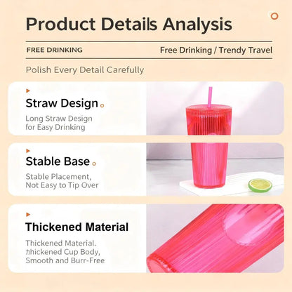 Tradeysum 700ml/24oz Plastic Tumbler with Lid and Straw, Double Wall Insulated Reusable Iced Coffee Cup, Ribbed Texture Cold Drink Mug with DIY Logo Area, BPA-Free High Capacity Water Bottle for Parties Gifts