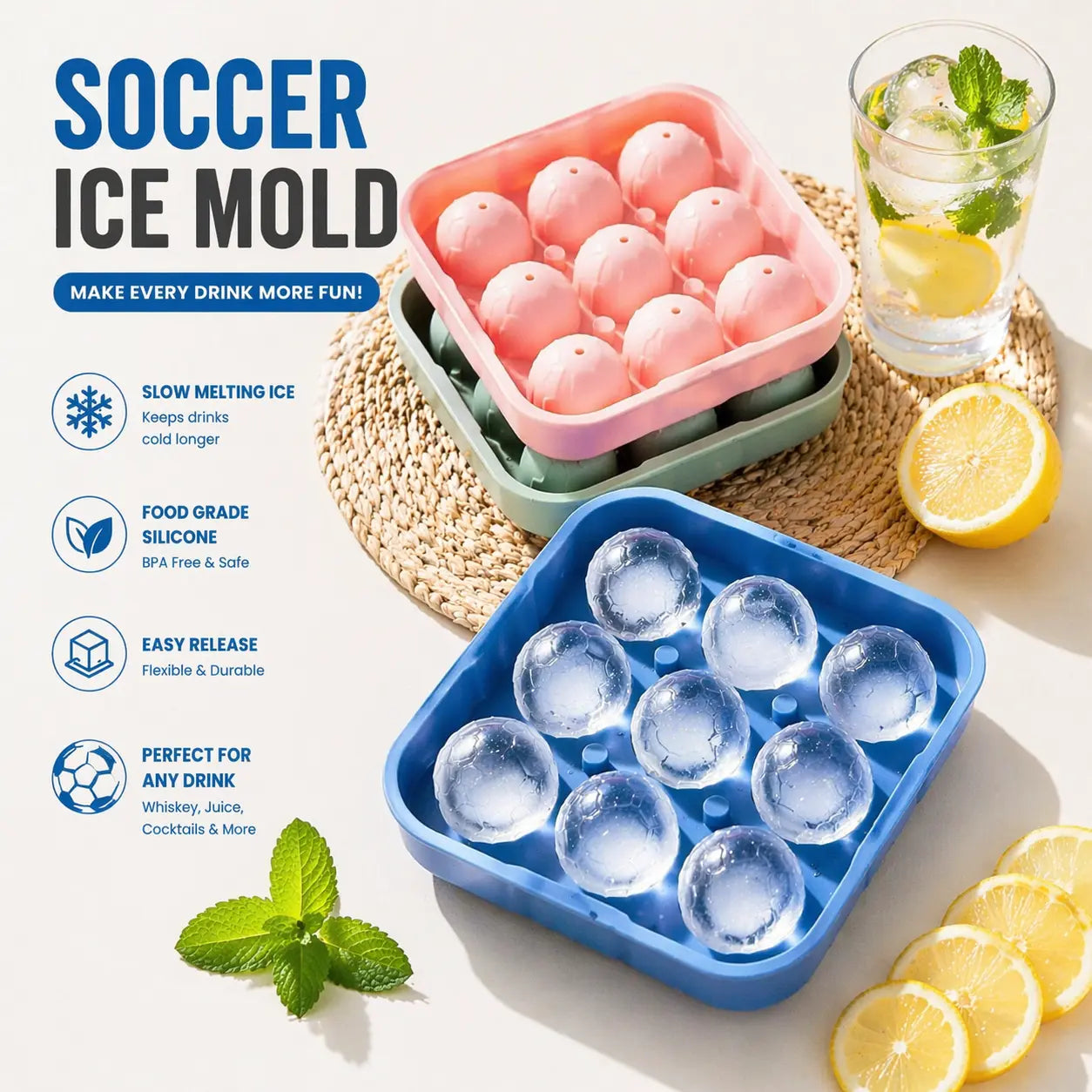 Soccer Ball Ice Cube Tray – Food-Grade Silicone, BPA-Free, Slow-Melting Ice Balls for Whiskey, Cocktails, Juice & Drinks