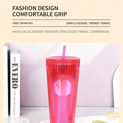 Tradeysum 700ml/24oz Plastic Tumbler with Lid and Straw, Double Wall Insulated Reusable Iced Coffee Cup, Ribbed Texture Cold Drink Mug with DIY Logo Area, BPA-Free High Capacity Water Bottle for Parties Gifts