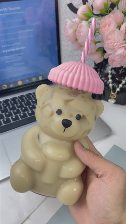 Viral Bearista Cold Cup for 2026 Holiday Collection Nostalgia Cute Bear Cup With Striped Straw 20oz High-Quality Glass Tumbler for Smoothies Boba & Beverage  Iced Coffee Glass Gifts colorful glass cup practical gift